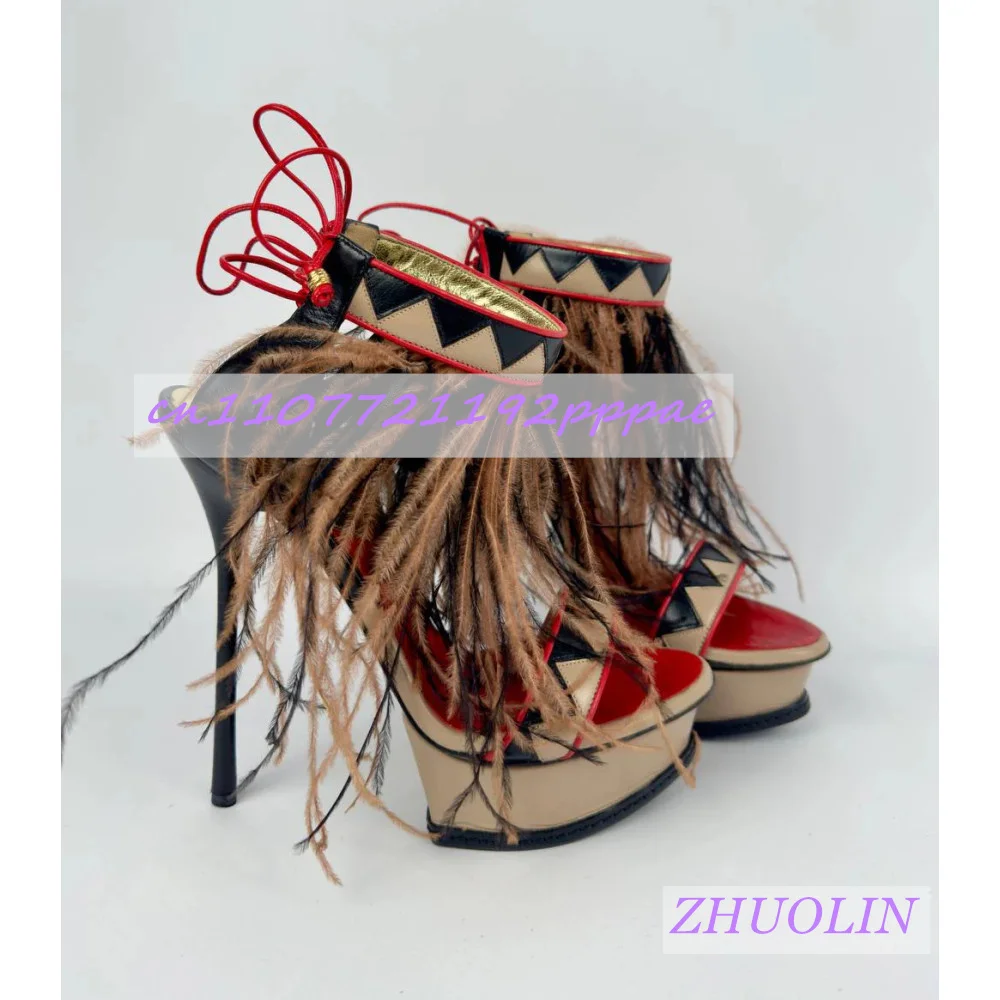 Women'S Mixed-Color Fuzzy Platform Shoes Fashion Round-Toe Stiletto Heeled Lace-Up Sandals Sexy Nightclub Evening Runway Shoes