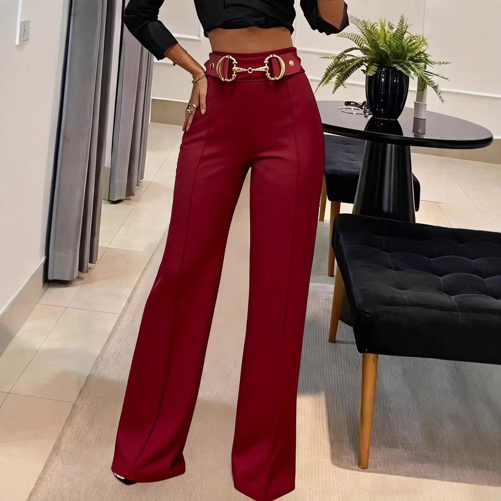 High Waist Metal Bule Wide Leg Pants Faionable Drapey Slimming Straight Leg Casual Pants for Women Commute Sle