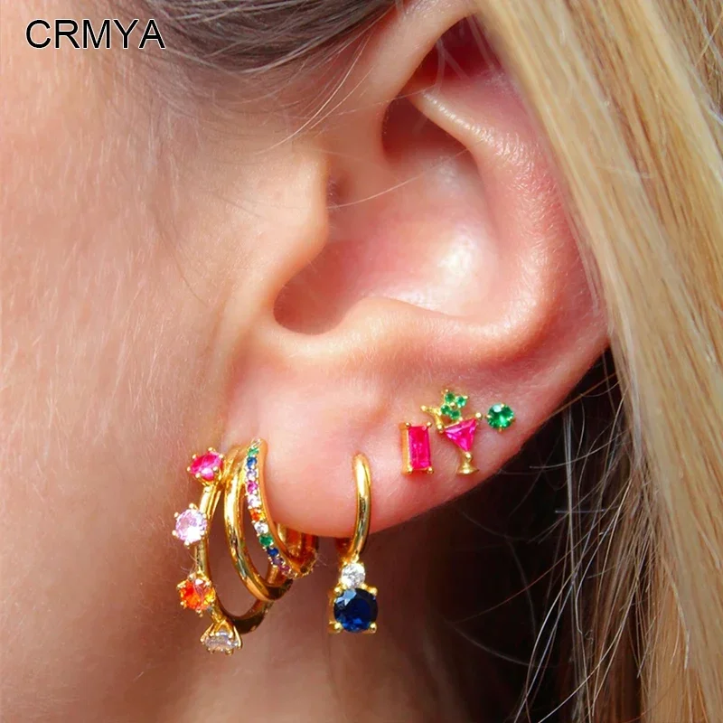 CRMYA Color CZ Zircon Dangle Stud Earrings for Women Copper Gold color Famale Piercing Earrings Set 2023 Jewelry Wholesale