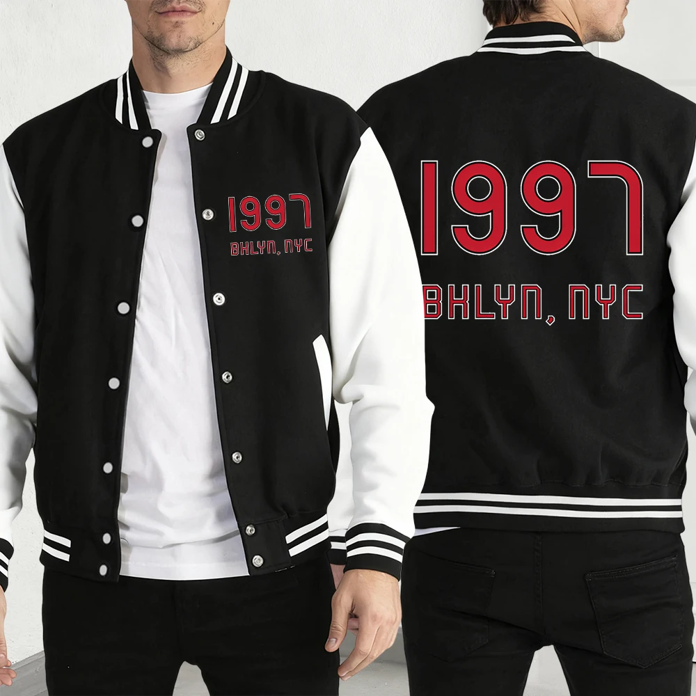 

1997 Bhlyn New York City Print Baseball Jersey Male Fashion Button Top Retro Loose Jacket Unisex Fleece Soft All-Match Clothing