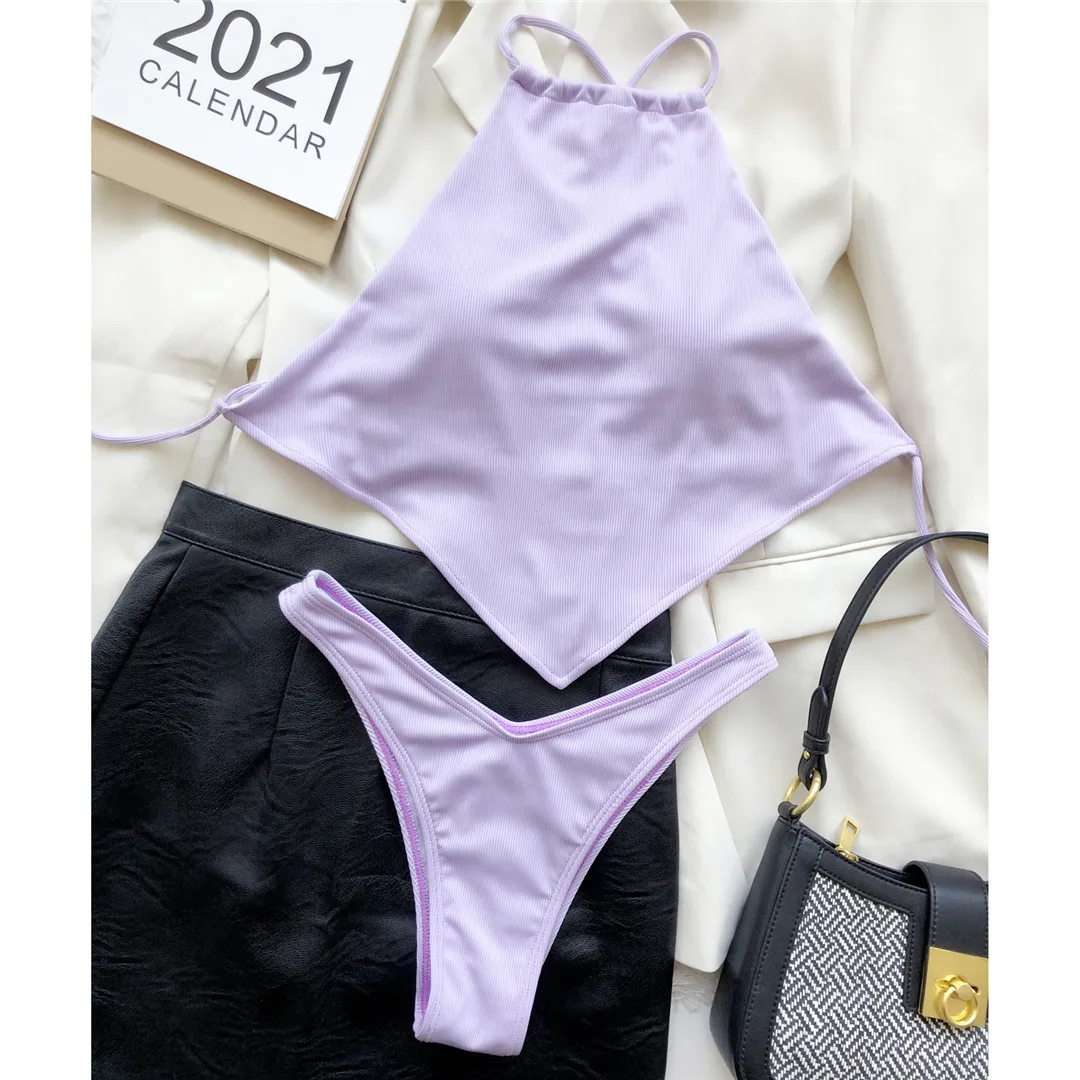 Hochgeschlossener Bikini mit überkreuztem Rücken und hohem Beinausschnitt, gerippt, Damen-Badeanzug, zweiteiliges Bikini-Set, Badebekleidung, Badeanzug, Modell V2878 – Detail 32
