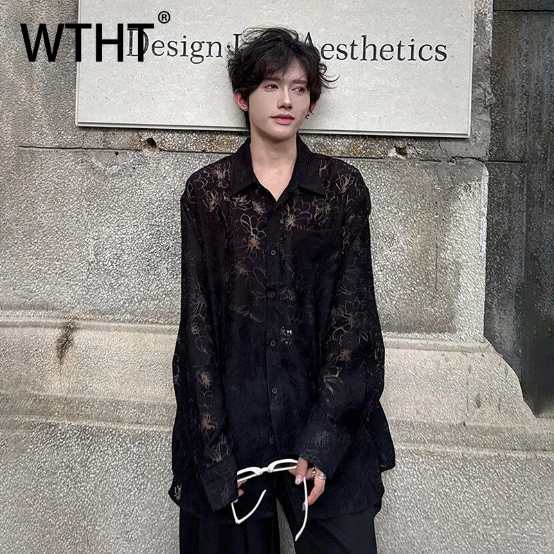 

WTHT Fashion Men's Spliced Lace Hollow Out Design Casual Shirts Trendy Long Sleeves Single Breasted Tops Male 2025 Summer 2A1210