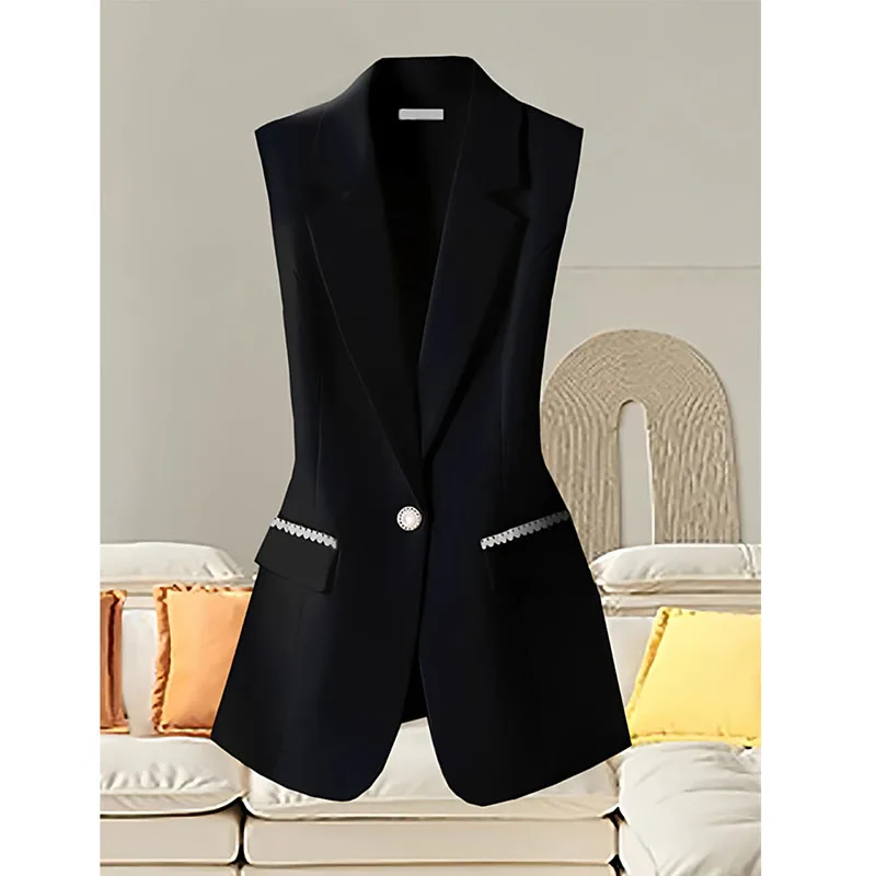

2026 Women's Vests Beautiful Black White Suit Vest Jacket Spring Autumn Sleeveless Suit Coat Korean Women Receive High Praise