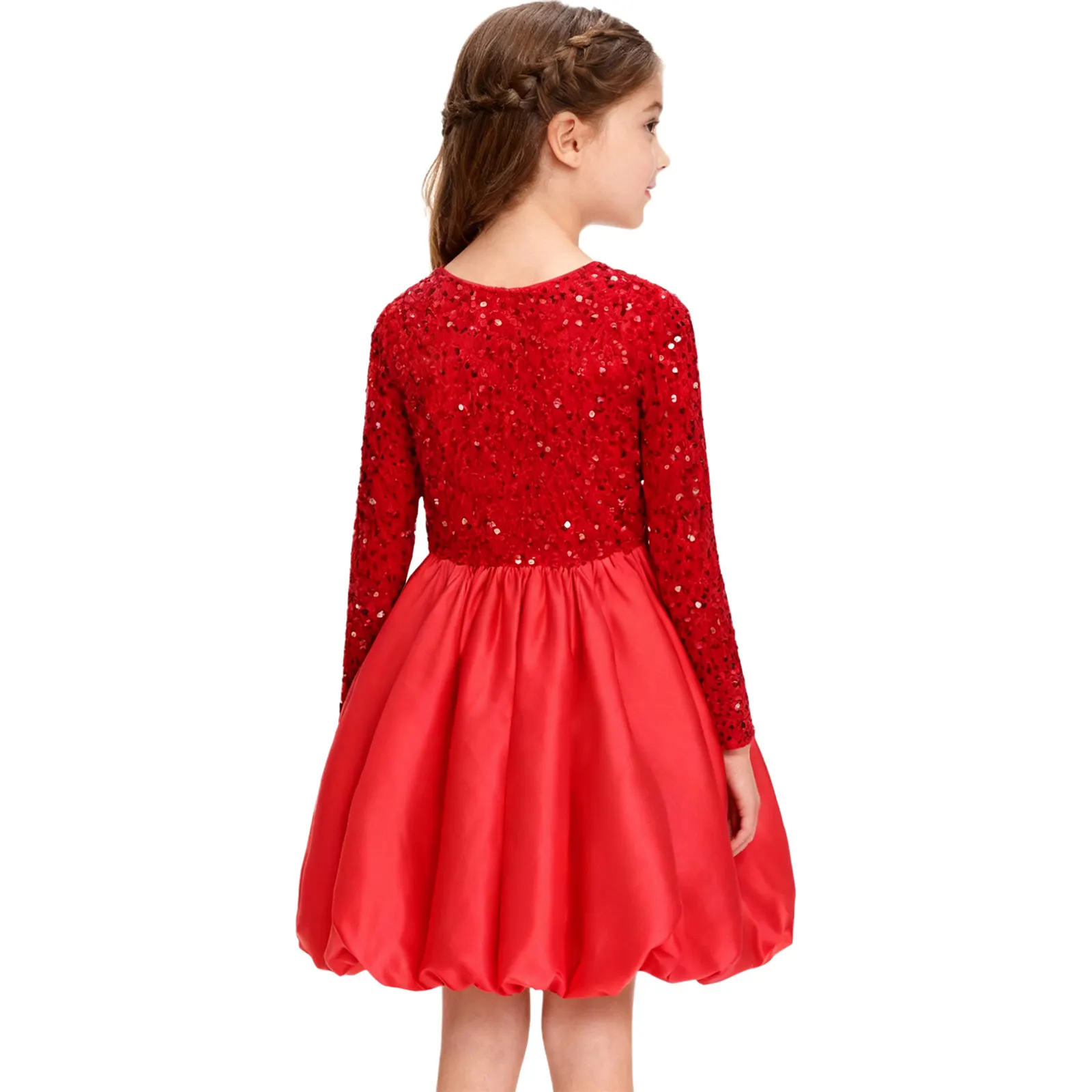 فستان حفلات عيد الميلاد للفتيات الصغيرات مزين بالترتر اللامع وأكمام طويلة من المخمل بحاشية ساتيني فستان لحفلات رأس السنة الجديدة والولائم