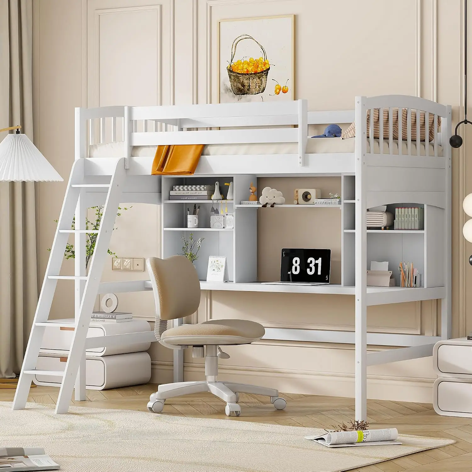 Twin Loft Bed with Desk, Solid Wood Twin Size Loft Bed Frame with Shelves, White, Customized
