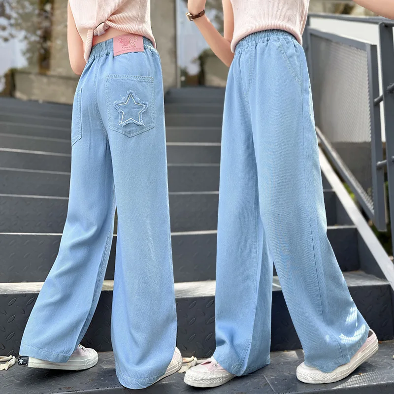 New Summer Girls Thin Loose Tencel Wide Leg Jeans With Pocket Stars Teens Child Casual Street Straight Denim Pants KIds Trousers