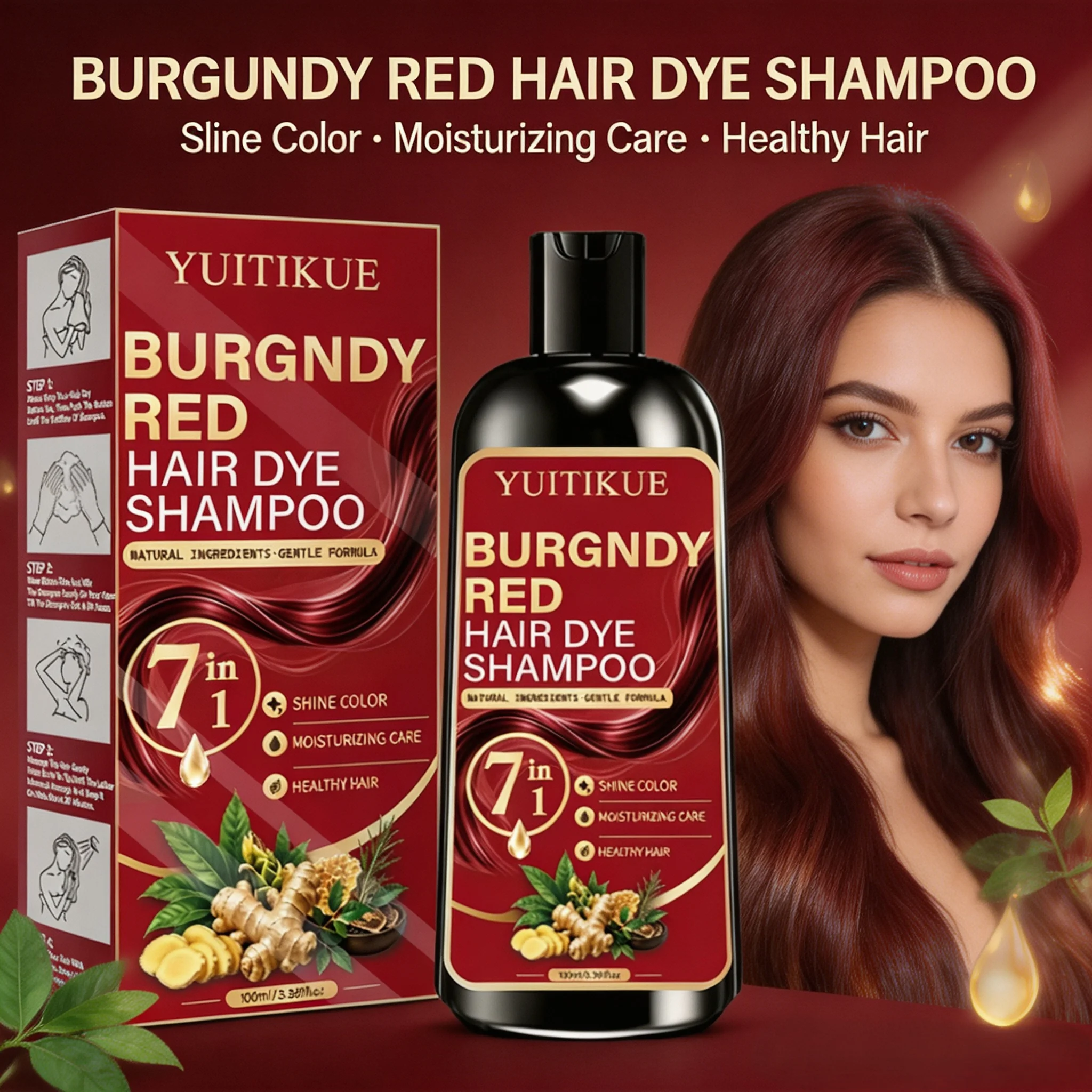 YUITIKUE Burgundy Red Hair Dye Shampoo 100ml 7 in 1 Natural Gentle Formula Moisturizing Shiny Hair Coloring Shampoo
