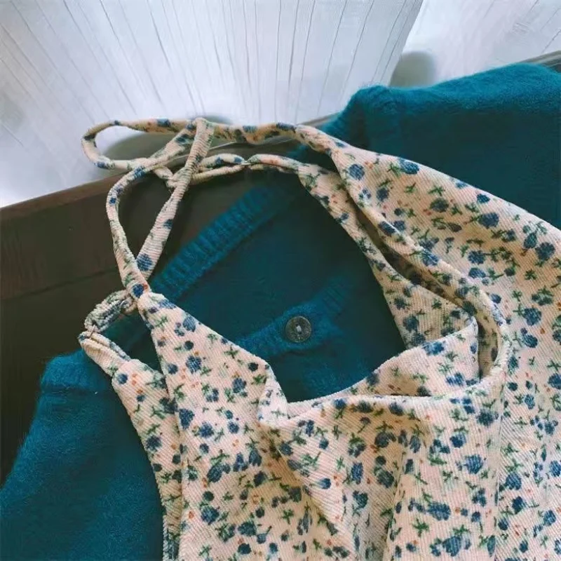 Sleeveless Dresses Women Autumn New Arrival Corduroy Vintage Floral Basic Tender French Style Vestidos Mujer All-match Aesthetic