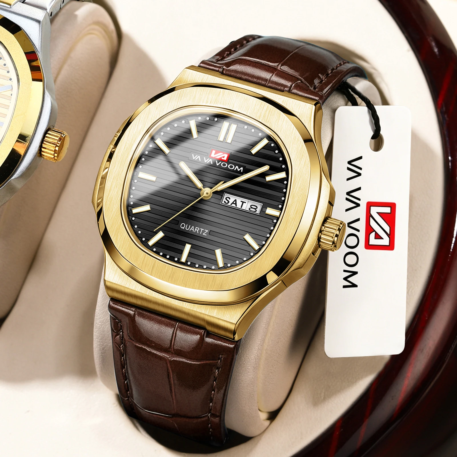 VA VA VOOM Leather Watch for Men Business Style 40mm Oval Case With Original Quartz Movement Week Calendar Sports Fashion Unisex Watch Men Gift Local Shipping