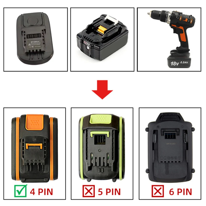 Adapter/Przejściówka do akumulatorów Makita/Bosch/Dewalt/Milwaukee 18V Li-Ion, umożliwiająca konwersję na akumulatory Worx 4-pinowe do elektronarzędzi. — zdjęcie 5