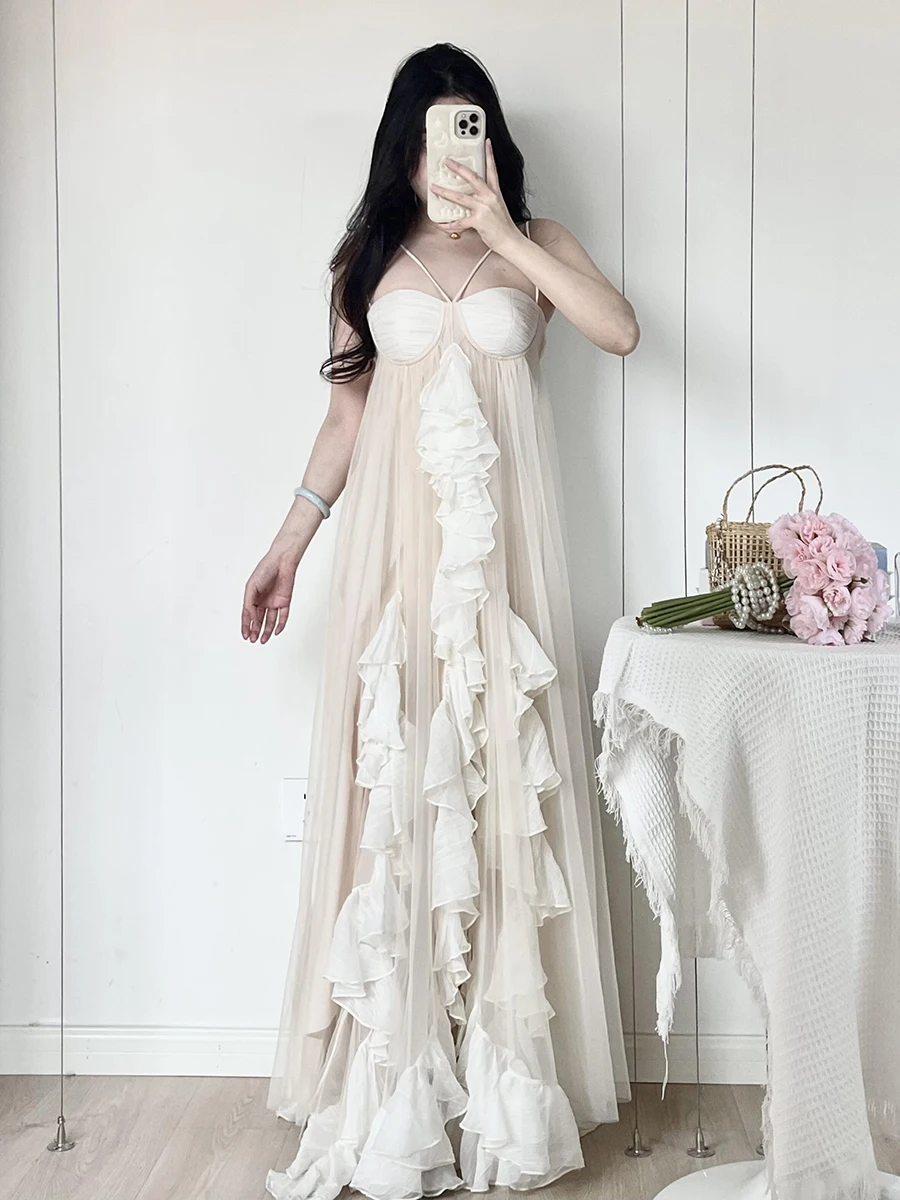 Reddachic fairycore chiffon flowy vestido feminino de uma peça plissado em camadas camisola espartilho maxi vestido longo verão vestido de festa de casamento