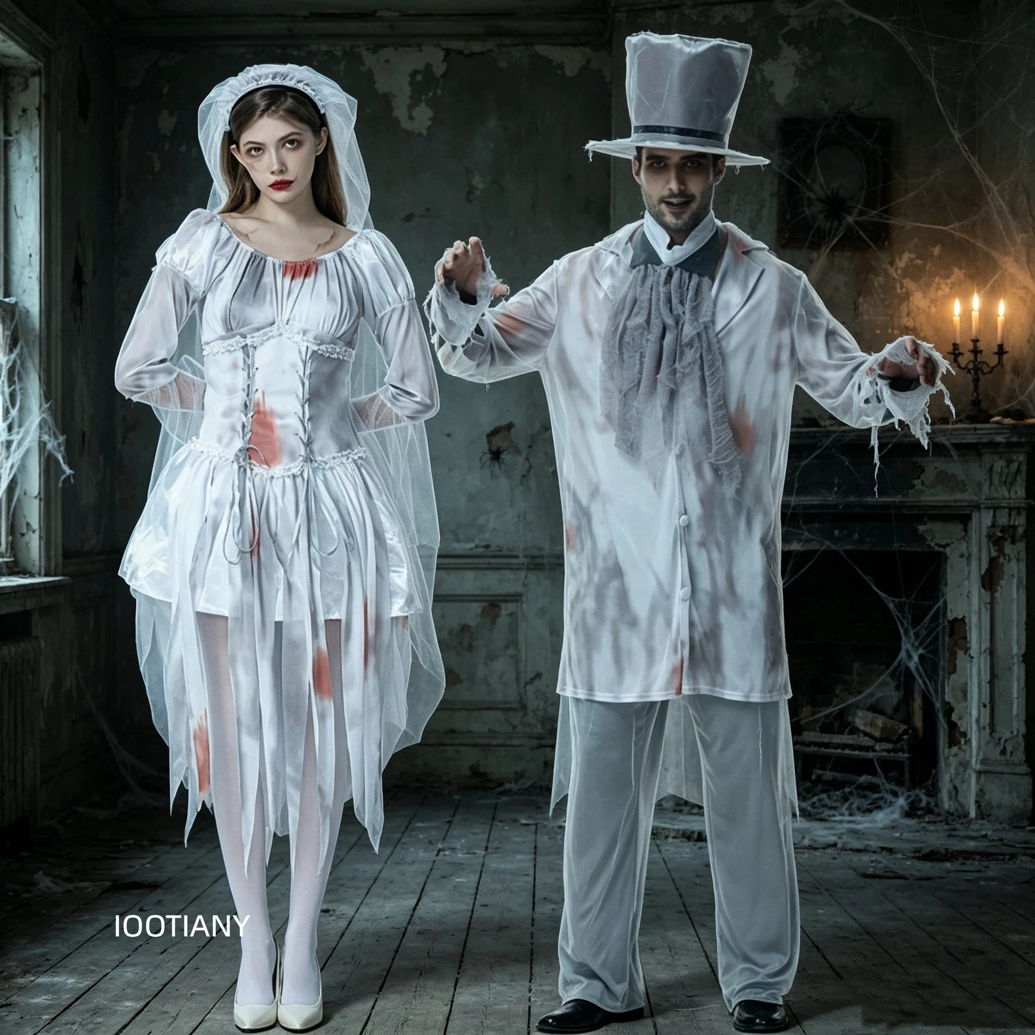 IOOTIANY Familien-Geisterbraut-Bräutigam-Kostümset Vintage Zombie-Hochzeitsoutfit Halloween-Party Horror Blutiges Cosplay Faschingskostüm