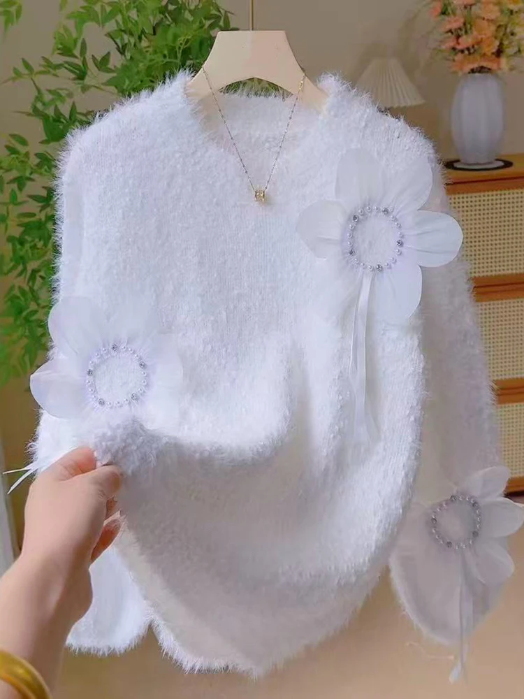 Suéter de Punto ueso para Mujer, Diseño de Flores 3D Dulce, Color Rosa, Estilo Coreano Nuevo de Otoño Invierno, Suéter Vers...