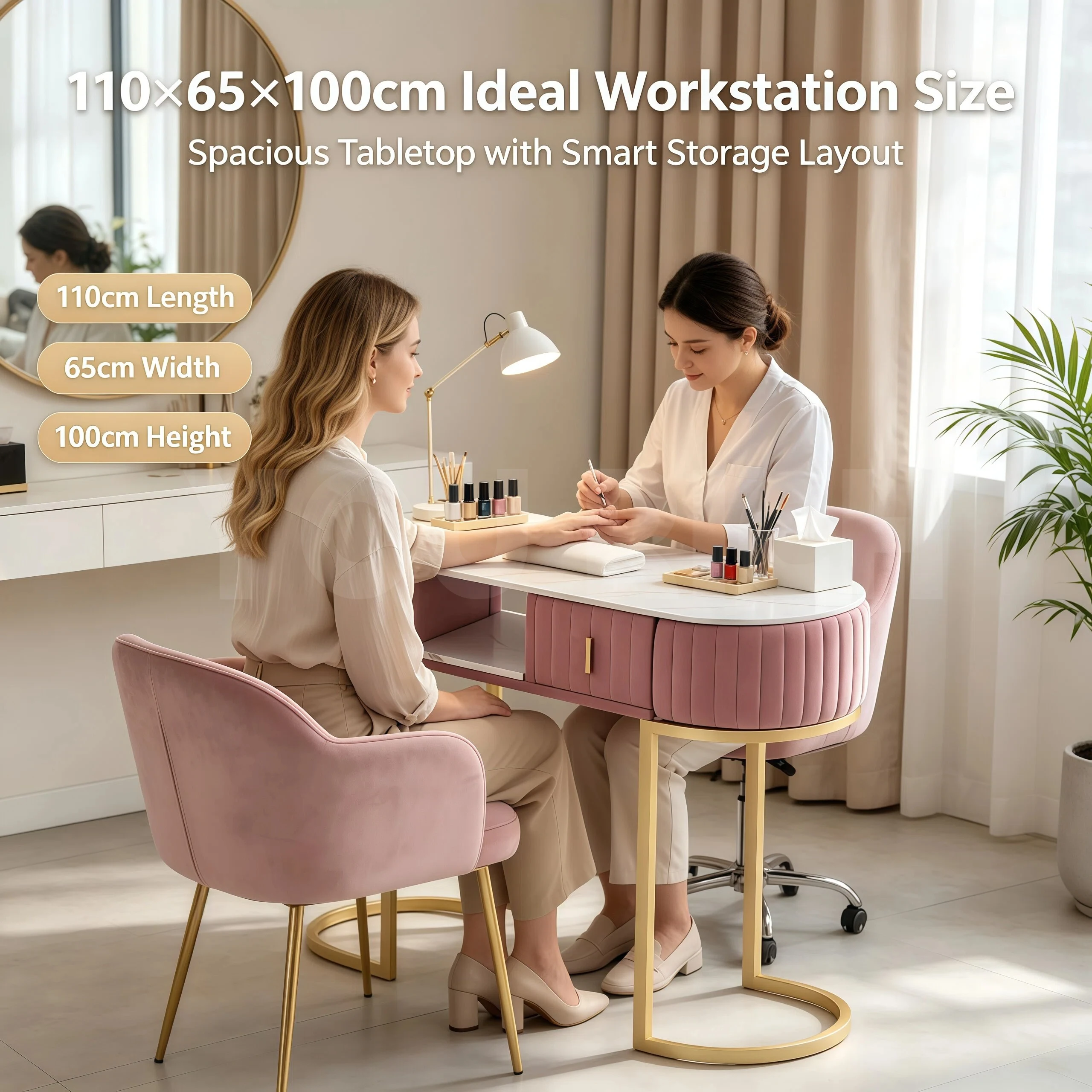 Modern Manicure Table Pink Manicure Table With Gold Metal Frame Nail Tech Desk Manicure Table With Open Shelf