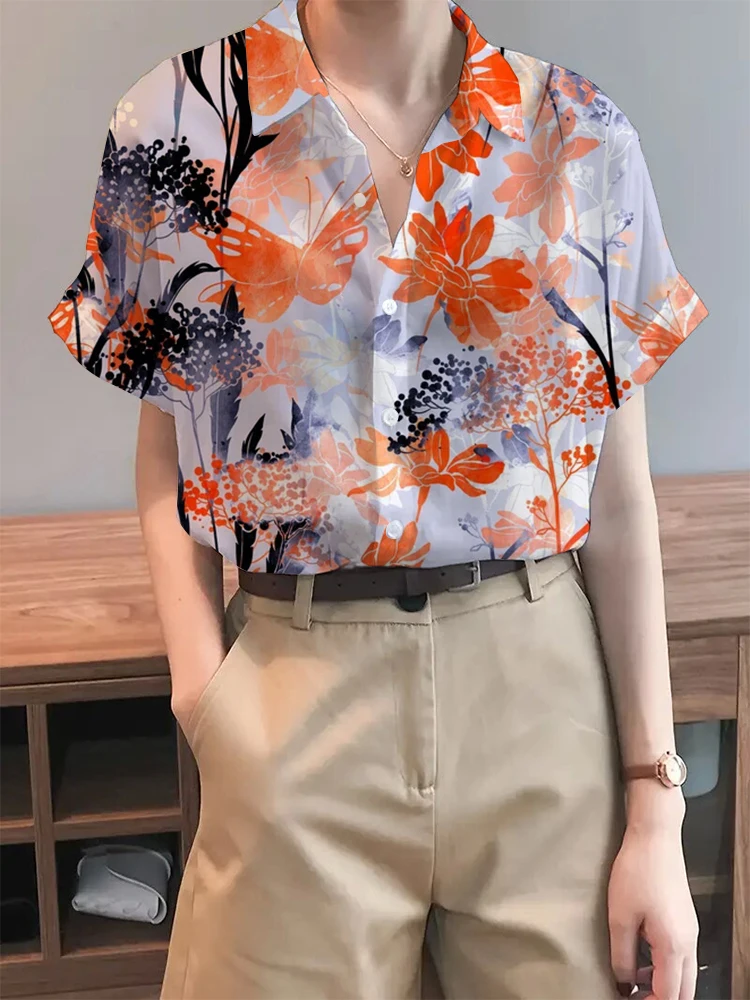 Women\'s Button Down Shirt Tropical Element Print Elegant Lapel Short Sleeve Shirt Breathable And Comfortable Suitable For