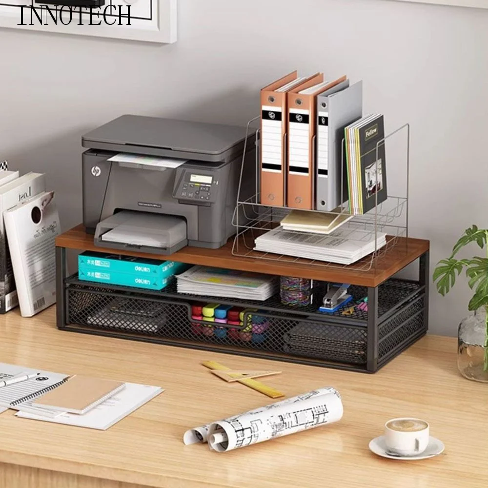 2-Tier Design Computer Monitor Stand Metal Mesh With Drawer Desk Monitor Riser Large Load Bearing Space Saving
