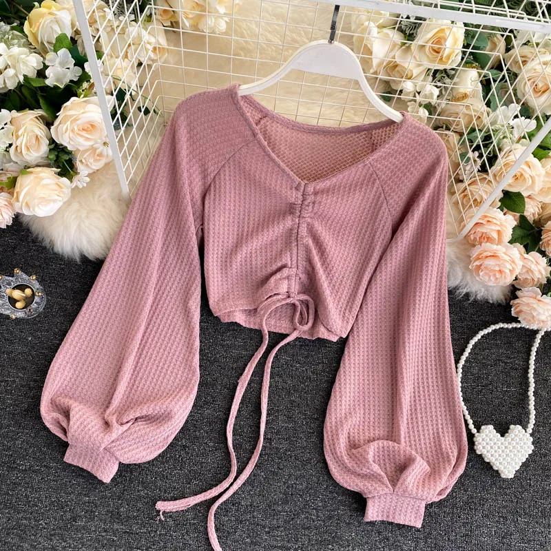 

Faionable ort Bubble Sve Dstring Waist Slim Fit Top Women's Autumn Wear Versatile Korean Sle V-Ne Long Sve