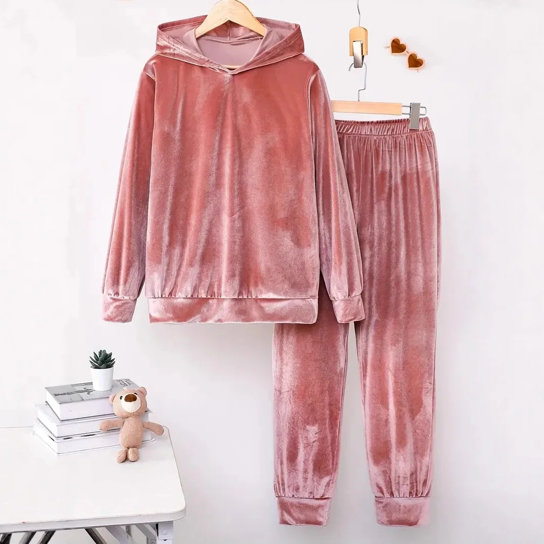 

2025 Autumn and Winter New Women's Flannel Hooded Long-sleeved Sweatshirt Casual Solid Color Trousers Two-piece Set