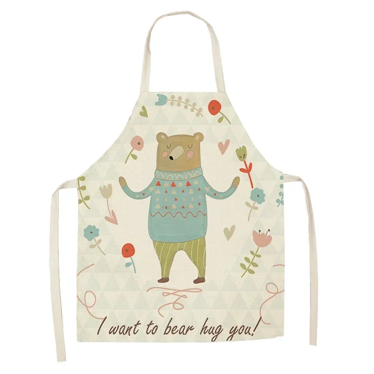 1 Pcs Kitchen Aprons Unisex Linen Animal Seris Bear Crocodile Print Dinner Cooking Bib Funny Pinafore Cleaning Apron 38x47cm