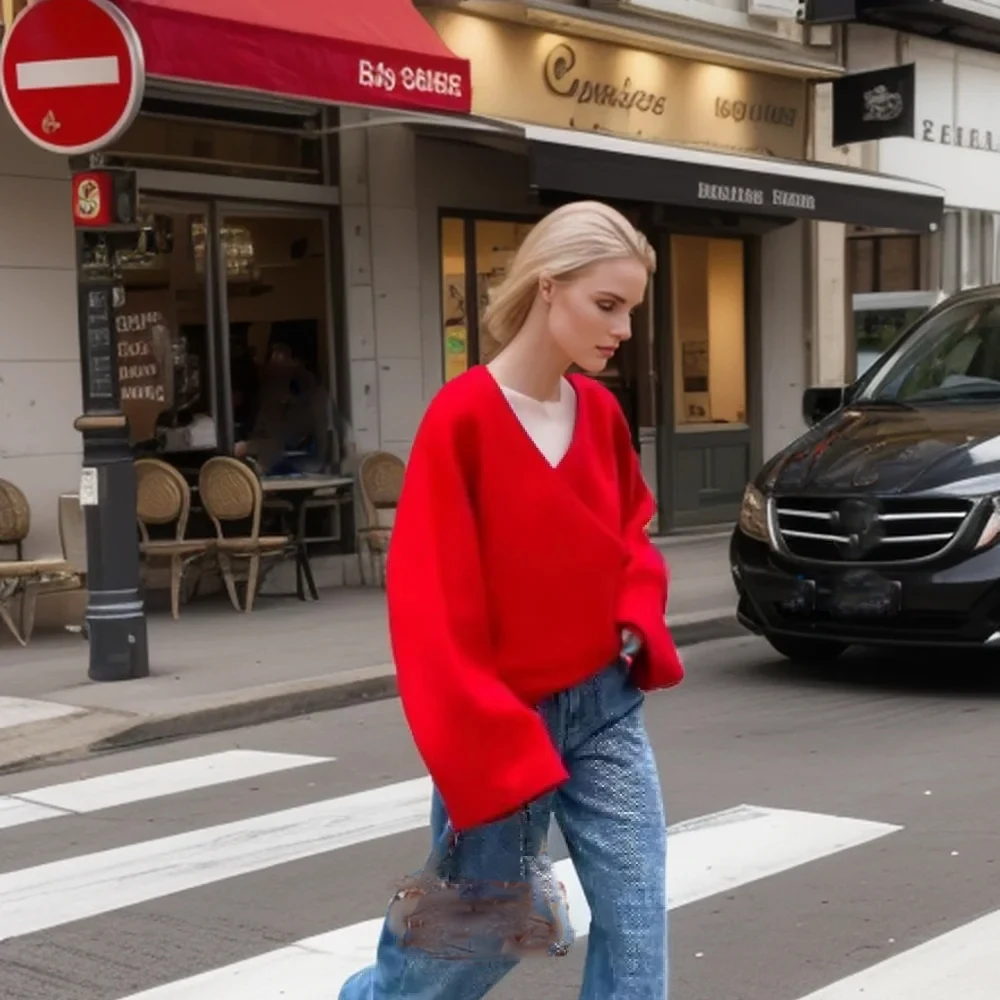 Suéter de manga larga con cuello en V para mujer, Jersey de punto suelto rojo, informal, de una sola botonadura, elegante, sólido, ropa de calle suave, moda de otoño