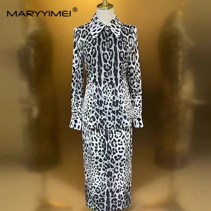 MARYYIMEI Spring and Summer Suit Turn-Down Collar single breasted women's shirt top+Slim skirt silk leopard print 2-piece set