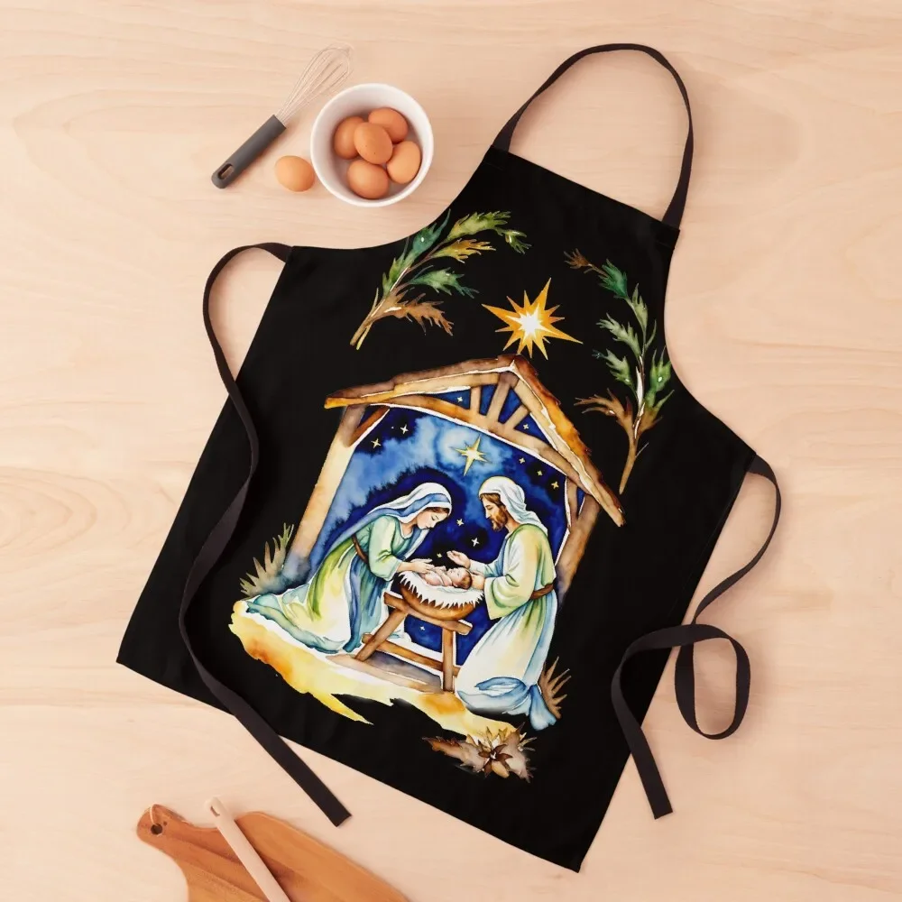 

Watercolor Nativity Scene III Apron kitchen girl Chef Uniform Woman Household Items Useful Useful Things For Kitchen Apron
