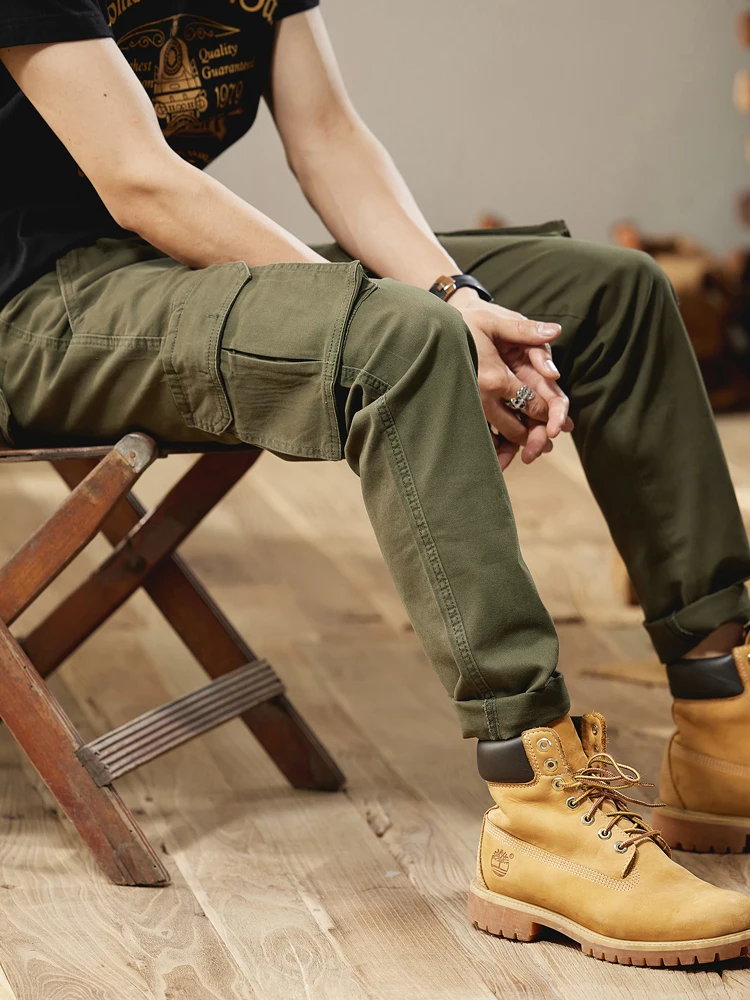 Slim Fit Cotton Work Trousers Men's Spring Casual Sports Pants Multi Pockets Long Pants Youth Fashion Green  Color