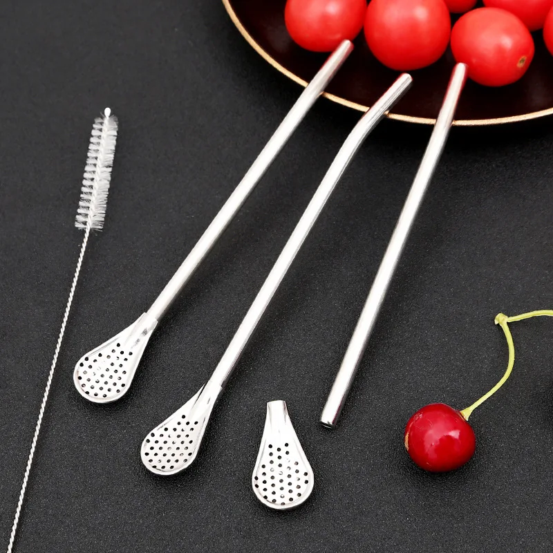 Stainless Steel Drinking Straw Spoon Tea Filter Detachable Reusable Metal Straws with Brush Drinkware Bar Party Tool Accessories