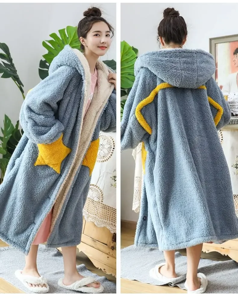 Women Fleece Hooded Bathrobe Women\'s Princess Robe Ankle Lightweight Cotton Soft Fluffy Warm Sherpa Shaggy Kimono Bride