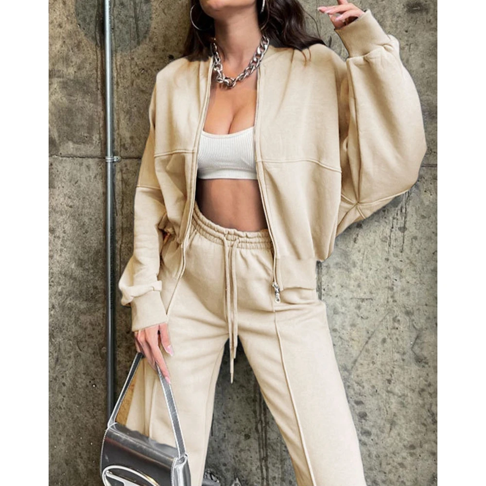 Women Sporty Two Pieces Tracksuit Outfits Zipper Fly Coat and Tied Detail Wide Leg Pants Ensembles 2 Piece Set Pants Suits