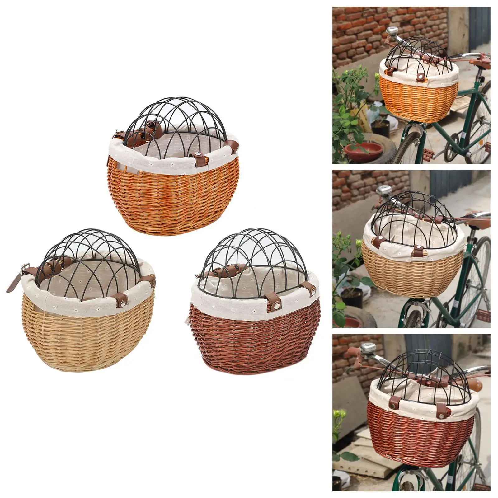 

Pets Dog Storage Basket Iron Crafts with Lid Front Basket Willow Weaving Carryings Pet Puppy Bag for Road Bikes Outdoor