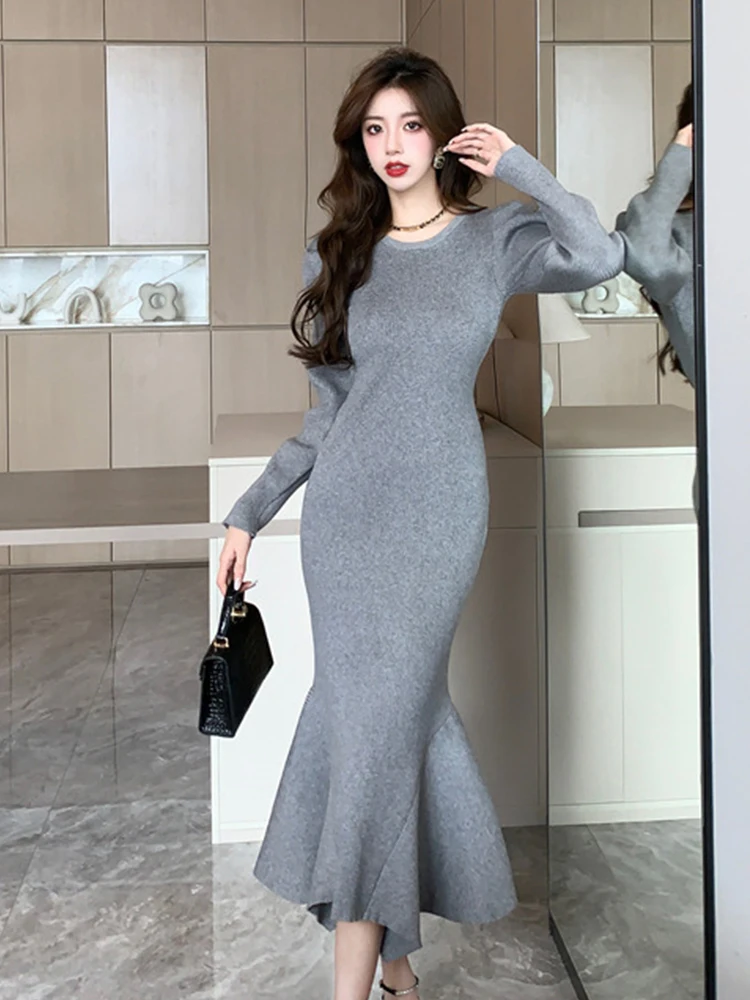 

Elegant Chic Knitted Long Dresses Women Clothing Sweet Basic Sweater Bubble Sleeve Wrap Hip Fishtail Robe Female Party Vestidos