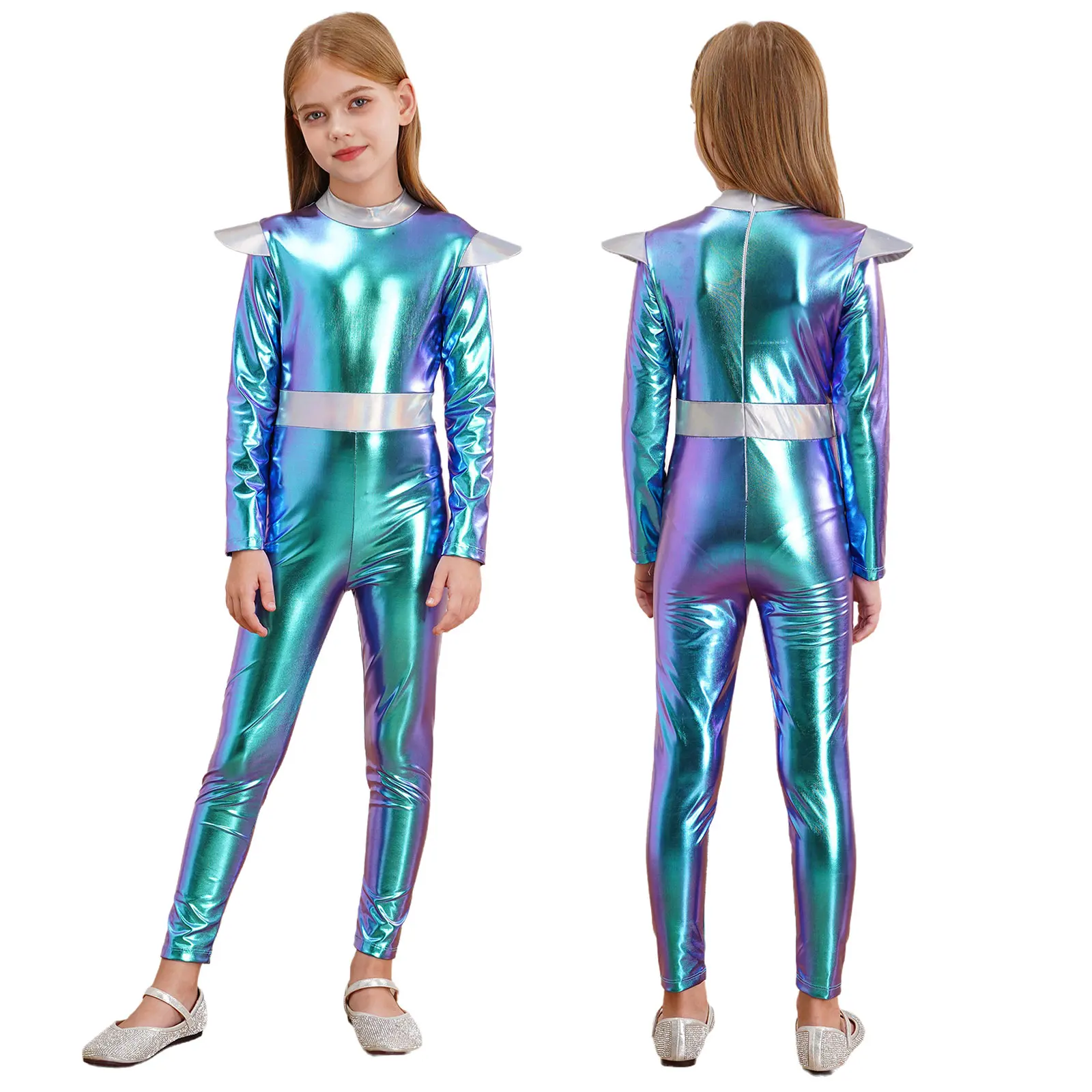 Kids Girls Alien Cosplay Costume Space Astronaut Robot Jumpsuit Long Sleeve Shiny Metallic Bodysuit Halloween Party Dress Up