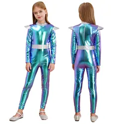 Kids Girls Alien Cosplay Costume Space Astronaut Robot tuta manica lunga Shiny Metallic body Halloween Party Dress Up