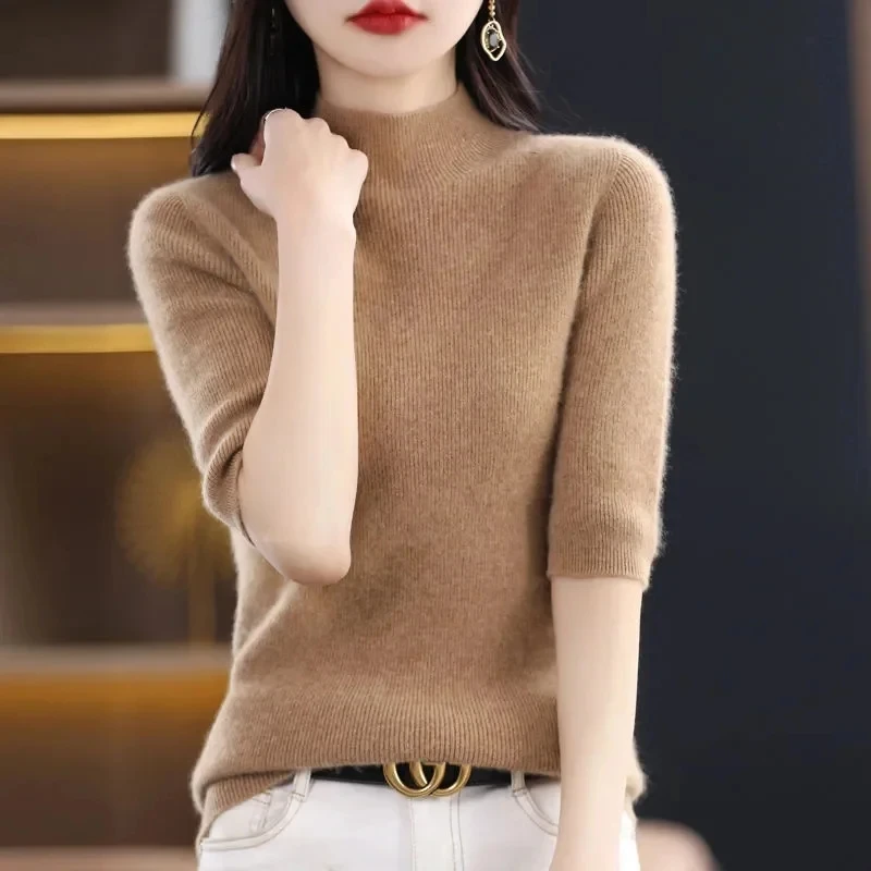 Women Sweater Spring Summer Knitted Pullovers Turtleneck Slim Fit Bottoming Shirts Short Sleeves Soft Knitwear Jumpers Sweaters