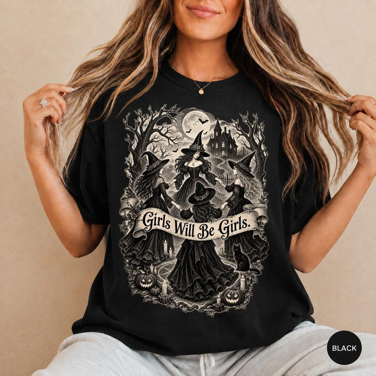 Vintage Girls Will Be Girls Witch Shirt, Funny Halloween T-Shirt, Witchy Vibes Tee, Retro Feminist Graphic Shirt