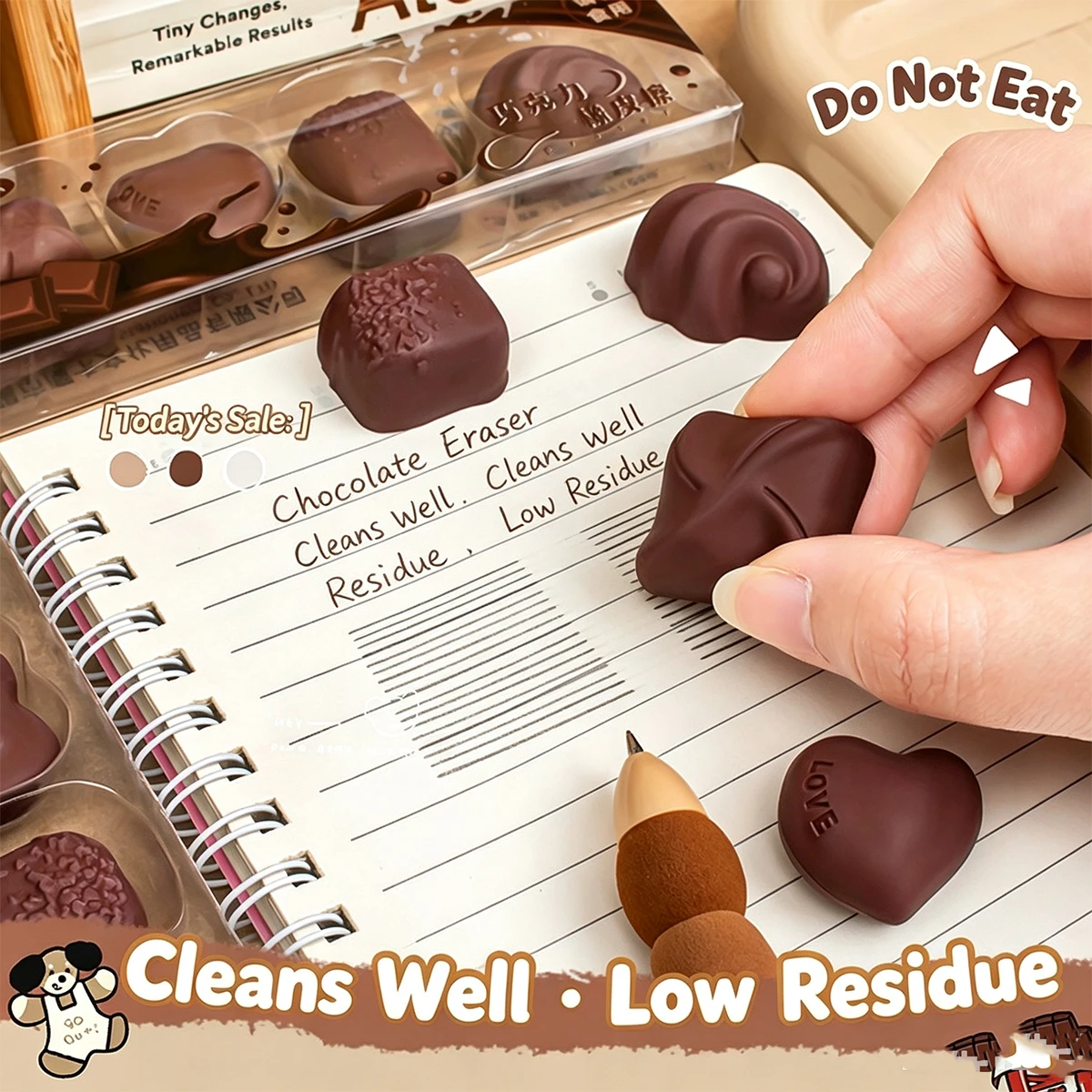Simulated chocolate eraser with fun, few shavings, big blocks, clean thoroughly, pencil eraser, creative student stationery