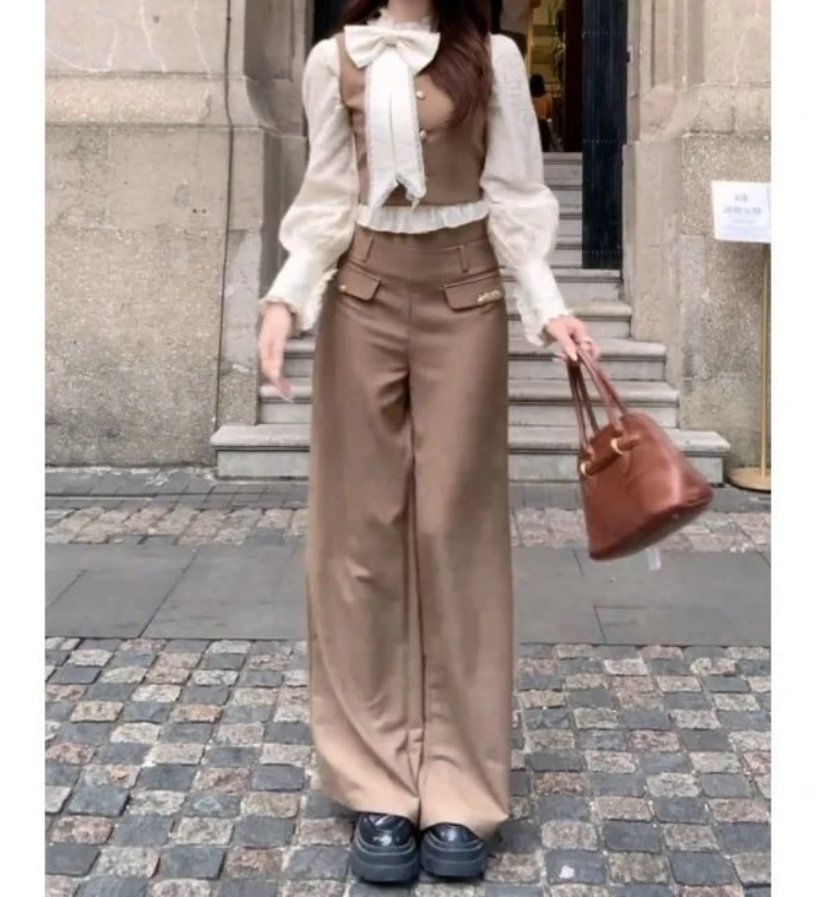 

Autumn Korean Fashion French Style Women's Two Pieces Set Warm Vest Bow Design Long-sleeved Shirt Tops + High-waisted Suit Pants