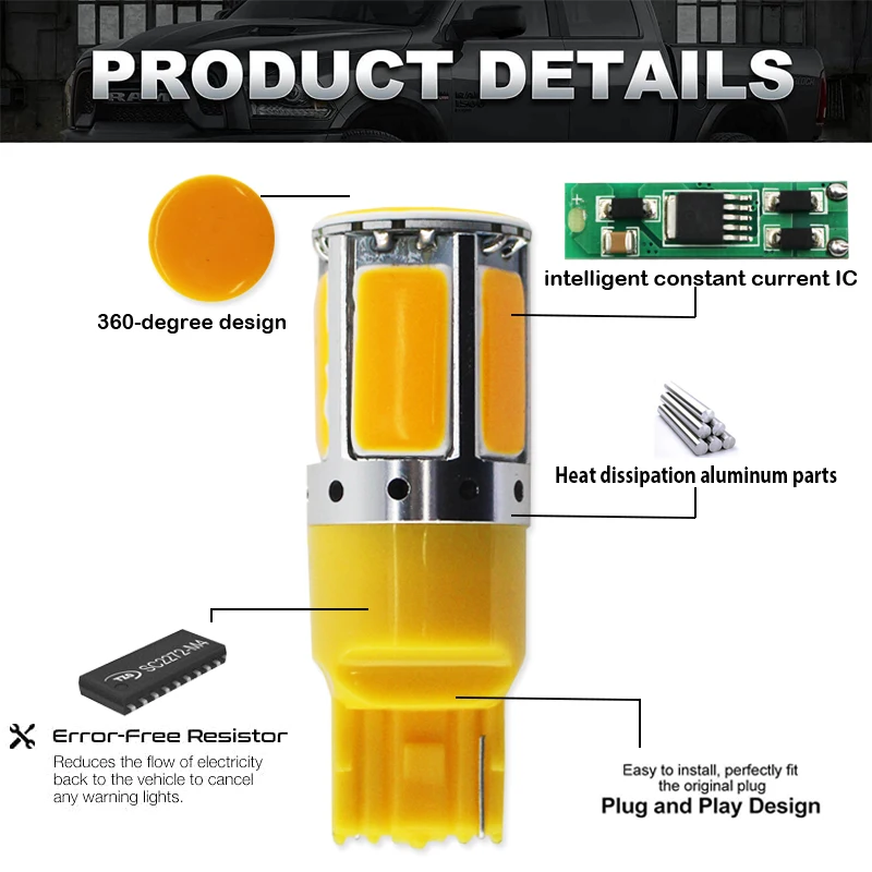 (2) No Resistor Need Amber Yellow 240-emitter COB LED 7440 T20 LED Bulbs For Front or Rear Turn Signal Lights (No Hyper Flash)