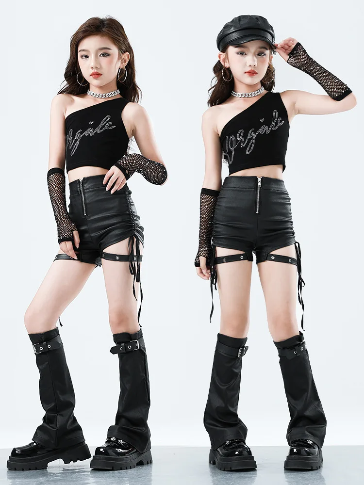 Kid Kpop Hip Hop Kleidung Schwarz One Shoulder Crop Tank Top Side Tie Kunstleder Strap Shorts für Mädchen Tanz Kostüme Kleidung