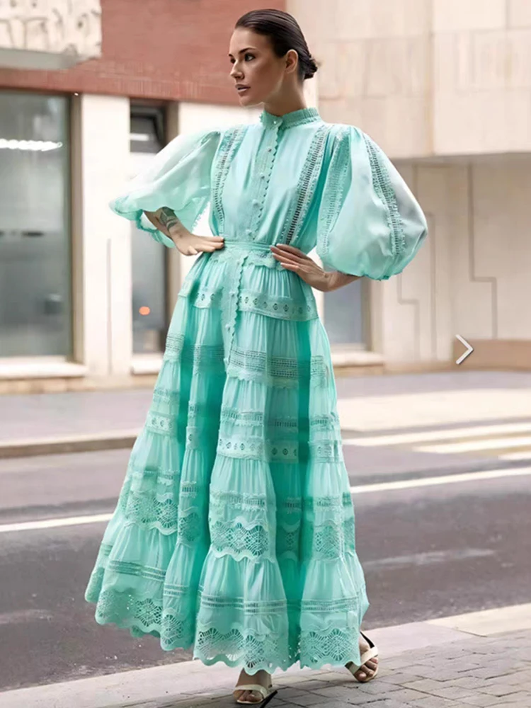 Decalque artesanal pesado gola único breasted fivela cintura vestido 2025 primavera nova saia pufe solta de renda patchwork feminina