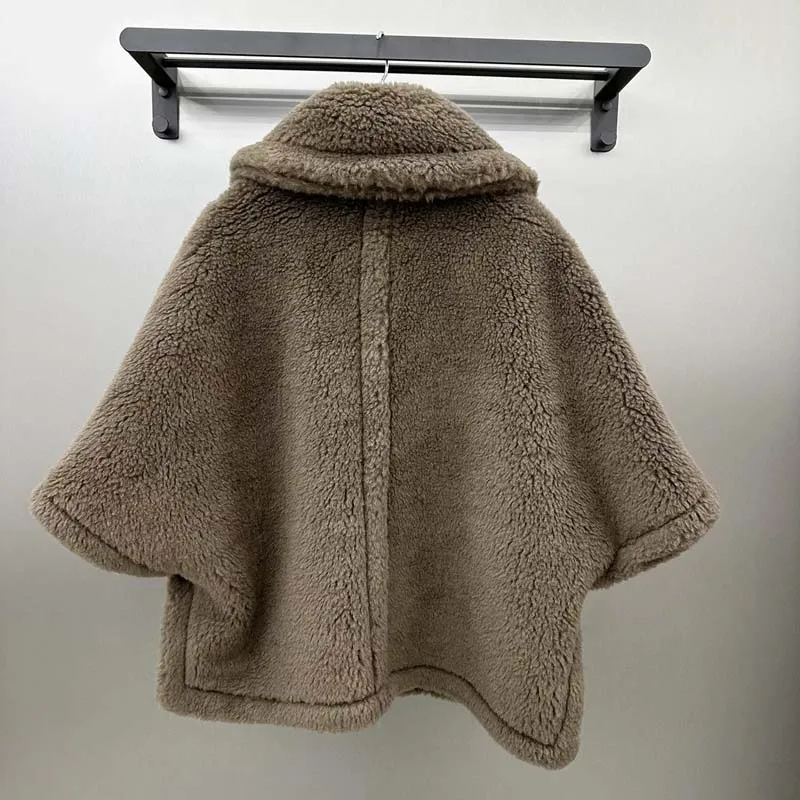 Winter Clothes Women 2024 New Fashion Short Length Teddy Bear Cape Style Sheep Wool Alpaca Silk Single Breasted