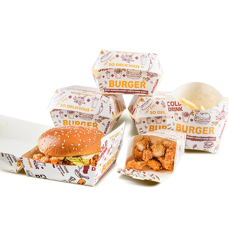 Cajas de papel de grado alimenticio personalizadas, productos personalizados con su propio logotipo, caja de hamburguesa de embalaje para llevar comida de restaurante