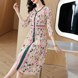 2023 Autumn/Winter New Three Mansion Pleated Dress Flower Print Single breasted V-neck Waist Waist Slim Mid length Dress Robe