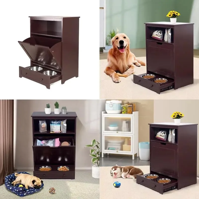 Wooden Cabinet with Pet Feeder and Food Storage