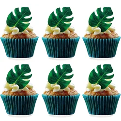 48pcs Tropical Turtle Leaves Cupcake Toppers Palm Leaves Cake Decoration Hawaii Jungle Birthday Party Cake Topper