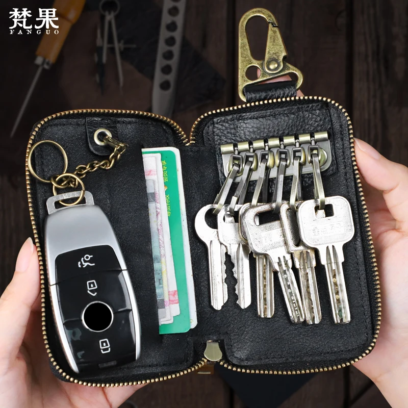 Genuine Cow Leather Car Key Wallet Fashion Key Holder Credit Card Housekeeper Organizer Keychain Case Key Hook Pouch