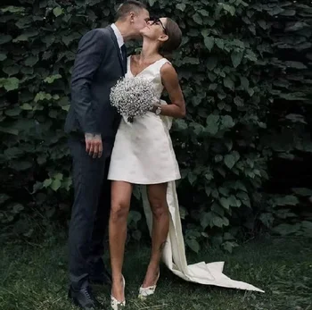 Vestidos De Novia cortos De talla grande, sencillos y personalizados, Vestido De Novia De satén con cuello en V y lazo grande en la espalda, Vestido De Novia blanco