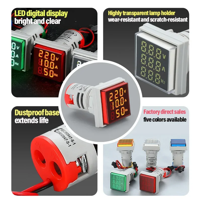 AC Square Voltage Current Hertz Digital Three-display Meter LED Voltmeter Ammeter HZ Signal Lights Indicator Tester Detector AMP