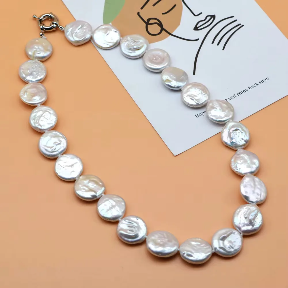 Real Baroque Pearl Necklace Disc Shape White Natural Freshwater Pearl Jewelry Handmade Wedding Ladies Necklace
